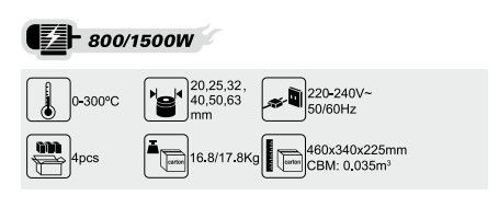800/1500W 40mm Double Heating Elements Plastic Tube Welding Tool,220V,50/60HZ